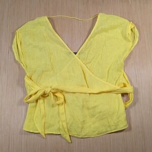 Zara Basic Top Yellow Wrap Tie Linen Blend‎ V-Neck Summer Blouse Women's Small